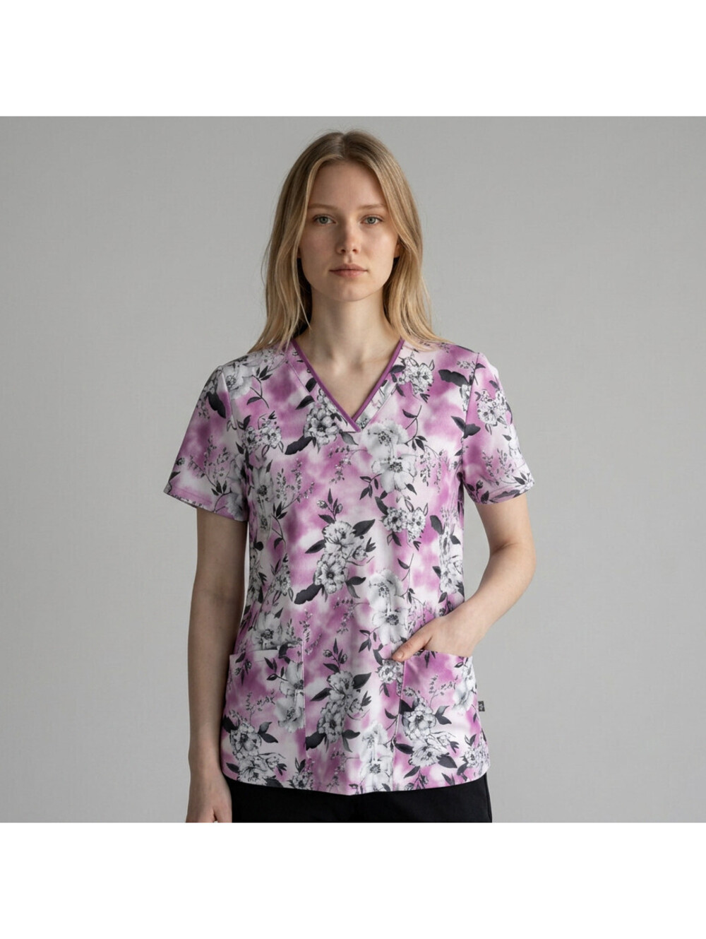 Healing Hands Scrub Top Women S Small Pink Floral V-Neck Short Sleeve Pockets